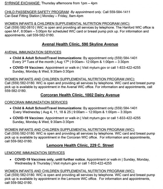 Kings County Public Health clinic information for August released 